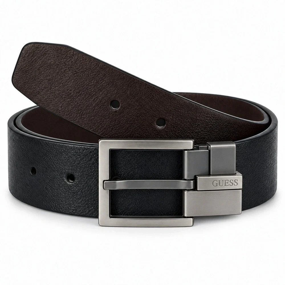 Guess Mens Reversible Belt Black Brown Gunmetal Buckle Small